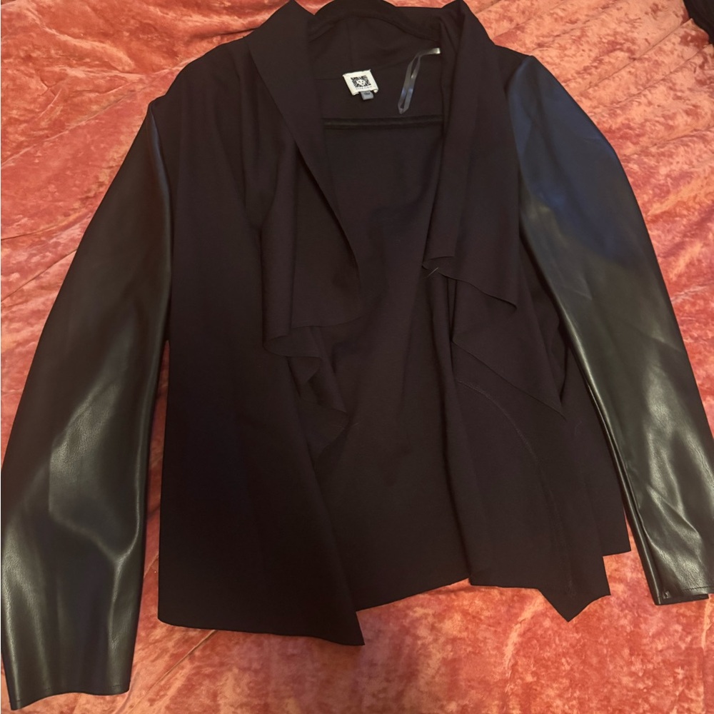 Black Draped Front Jacket with Faux Leather Sleeves